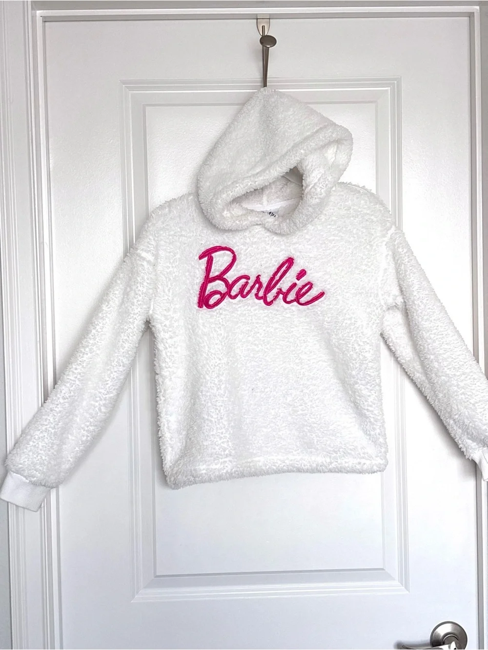 Barbie Girls Hoodie Fuzzy Plush Pullover Pink Logo Size 11/12 fleece pullover